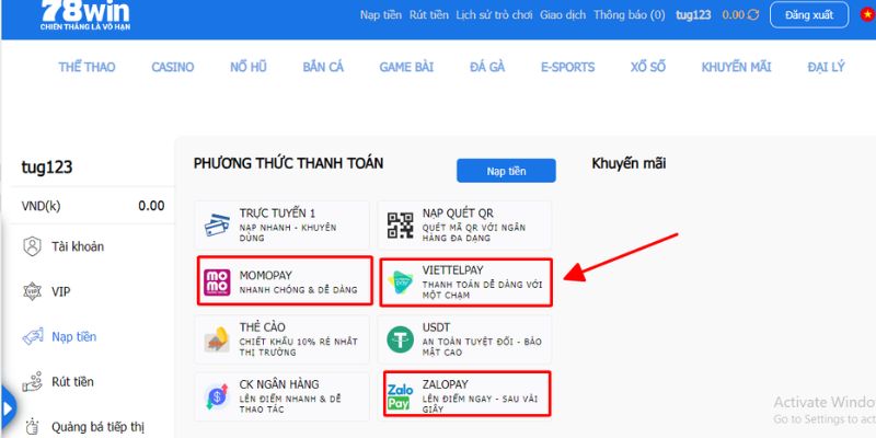 Nạp Tiền 78win - Hướng Dẫn Nạp Tiền Cho Hội Viên Mới 2 Nạp tiền 78win qua ví điện tử